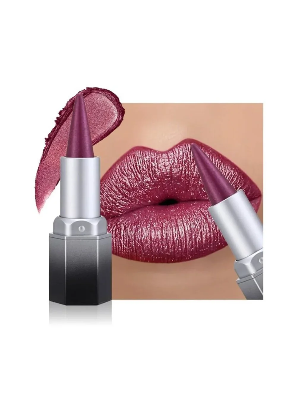 Women 1Pcs -06 Plum Purple Shimmery Metallic Cone-Tip Glitter Lipstick Lip Liner